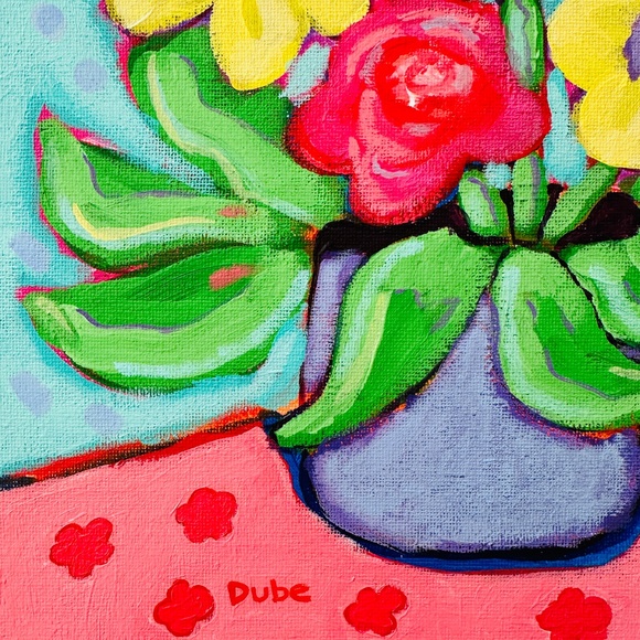 Original Painting Whimsical Collectible Flowers Violet Vase  10" x 10" Canvas - Picture 5 of 10